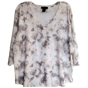 Tahari Top Women 2X Gray White Tie‎ Dye V Neck 3/4 Sleeve Vacation Boho Beach